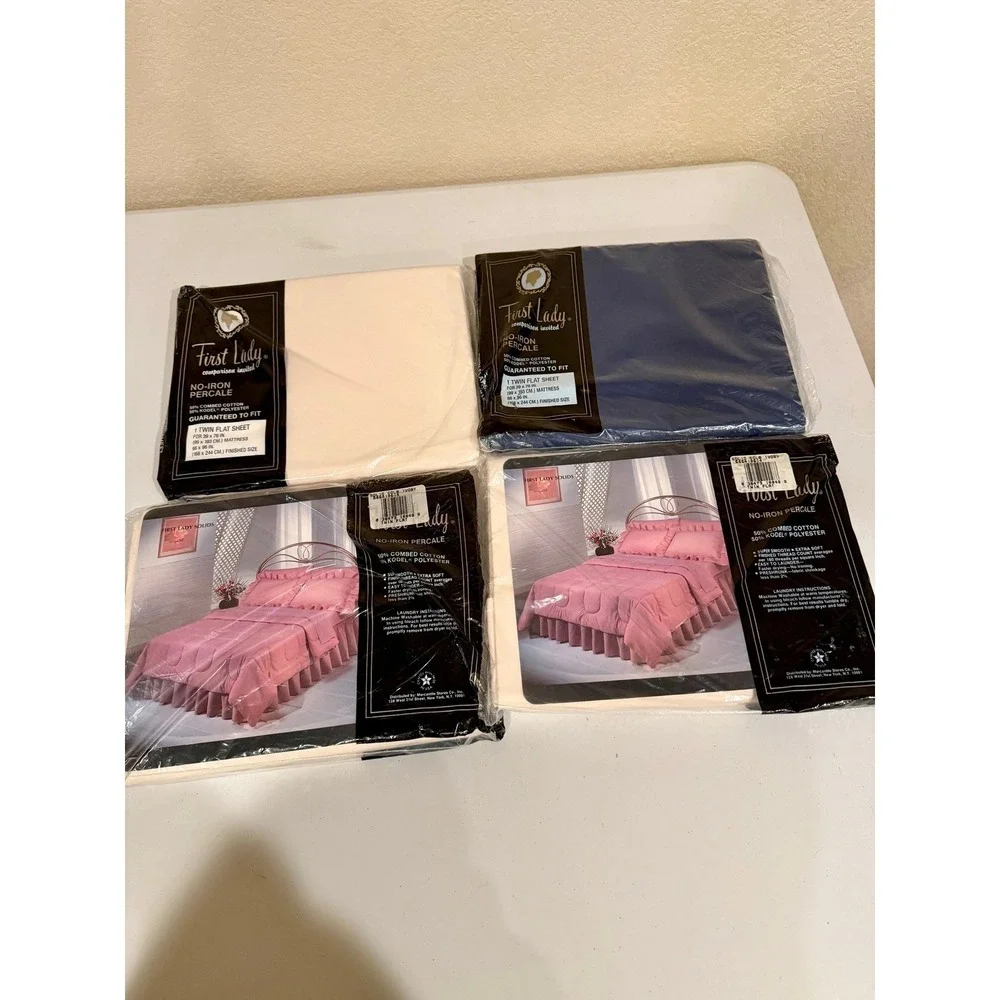 Lot of 4 VTG First Lady Twin Flat Sheets No Iron Percale Blue White NOS Cotton